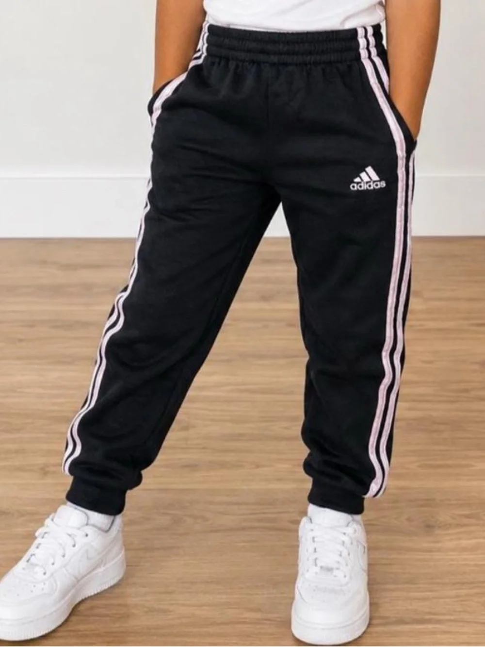 Adidas Kids Black Track Pants with Pink Stripes size 6